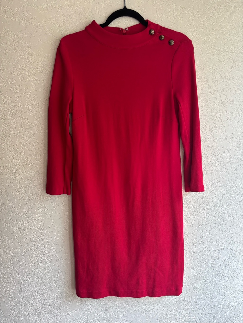 Talbots Red Cotton Knit Sheath Dress S Gold Buttons 3/4 Sleeve Career Preppy